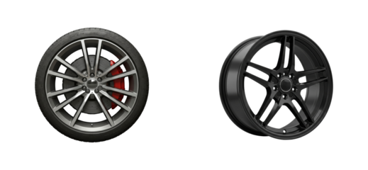 Two modern car wheels, one a complete assembly with a tire and red brake caliper, and the other a glossy black alloy rim, showcasing performance automotive parts and design