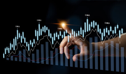 A hand interacts with a digital financial chart against a dark background, showcasing stock market trends and highlighting the importance of data analysis in investments. Scalp