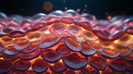 Layered formation of glowing translucent redorange membranebound spherical shapes with dark edges - Powered by Adobe