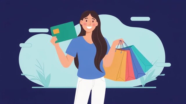 Happy woman holding shopping bags and credit card in vector illustration