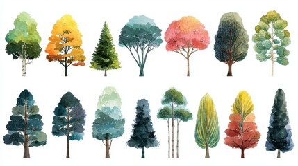 A vibrant watercolor illustration featuring an array of diverse trees, each with unique foliage and shape against a clean white backdrop