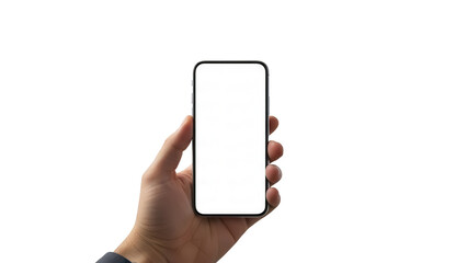 A hand presenting a smartphone mockup with white screen in a contemporary art gallery setting  Isolated on Transparent Background