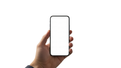 A hand presenting a smartphone mockup with white screen in a contemporary art gallery setting  Isolated on Transparent Background