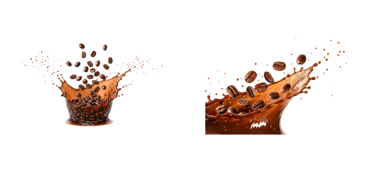 Roasted coffee beans falling and splashing into hot liquid, creating a dynamic crown with flying droplets in an energetic and fresh beverage concept with rich brown tones