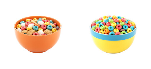 Two vibrant bowls of sweet breakfast cereal, one featuring a mix of rings, squares, and marshmallows and the other filled with colorful loops for a fun morning meal