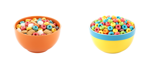 Two vibrant bowls of sweet breakfast cereal, one featuring a mix of rings, squares, and marshmallows and the other filled with colorful loops for a fun morning meal