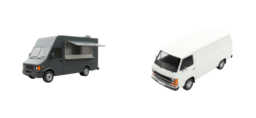 Dark grey food truck and a white delivery van are cleanly rendered, showcasing the modern mobile kitchen with an open serving window and a classic commercial cargo vehicle from an elevated perspective