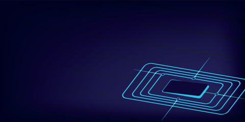 Glowing blue neon rectangle symbol.