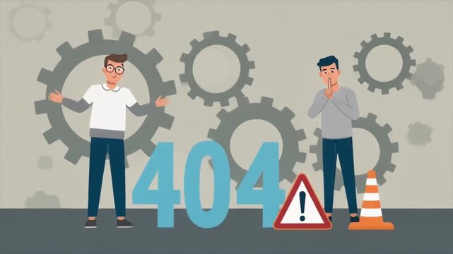 Cartoon characters confused about 404 error with gears background