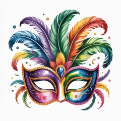 Colorful Watercolor Mask With Feathers and Jewels for Festive Celebration
