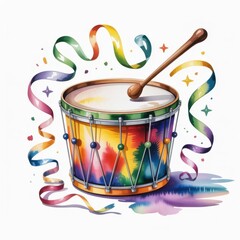 Colorful Watercolor Illustration of a Drum With Ribbons and Stars in a Festive Celebration