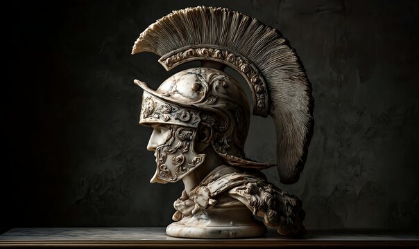 Marble bust of Athena the Greek warrior goddess in an ornate helmet