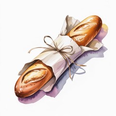 Watercolor Illustration of a Loaf of Bread Wrapped in Paper Tied With a Bow in a Simple Setting