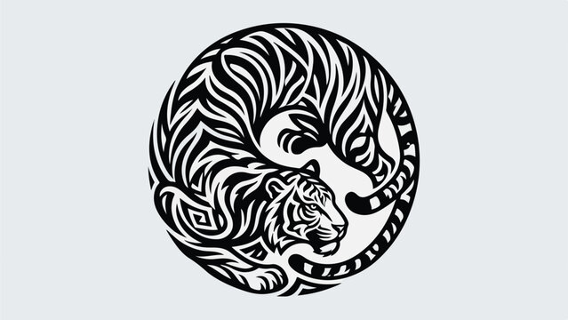 Stylized black and white tiger in a circular design.