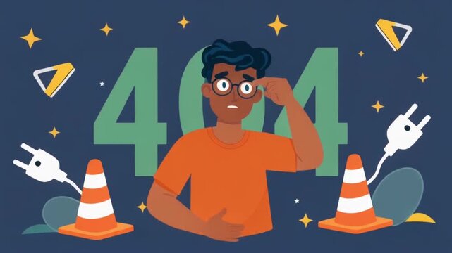Confused man in front of 404 error page with traffic cones