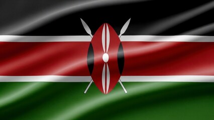 Kenya National Flag Waving with Shield Emblem Fabric Background