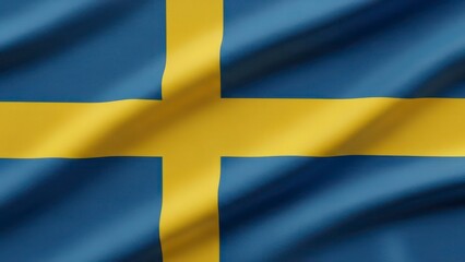 Sweden National Flag Waving Blue and Yellow Fabric Background