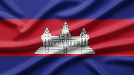 Cambodia National Flag Waving with Angkor Wat Emblem on Fabric Texture
