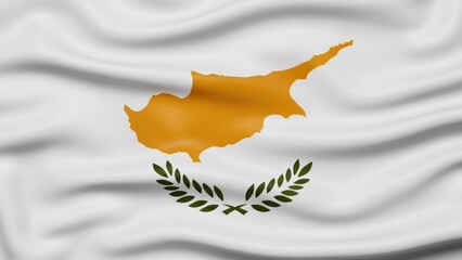 Cyprus National Flag Waving with Island Map Fabric Background