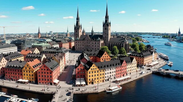 Aerial View of Gamla Stan, Stockholm With Colorful Buildings and Waterway