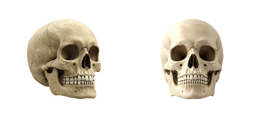 Two anatomically correct human skulls presented in a frontal and profile view, showcasing realistic bone texture, sutures, and teeth for scientific or educational purposes