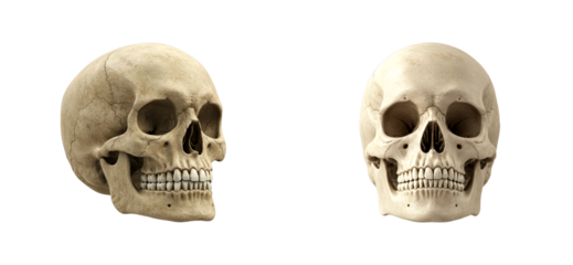 Two anatomically correct human skulls presented in a frontal and profile view, showcasing realistic bone texture, sutures, and teeth for scientific or educational purposes