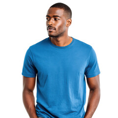 Fototapeta premium Stylish Individual in Blue: A confident person, donning a solid blue tee, exudes modern fashion and style against a simple backdrop, capturing the essence of casual elegance.