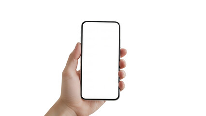Smartphone mockup with empty display held by hand in sleek laundry room Isolated on Transparent Background