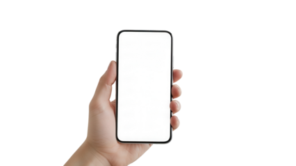 Smartphone mockup with empty display held by hand in sleek laundry room Isolated on Transparent Background