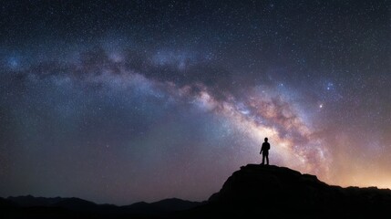 Contemplation Under Cosmic Canopy: A solitary figure gazes upward, dwarfed by the breathtaking expanse of the Milky Way, evoking a sense of wonder and connection to the universe.