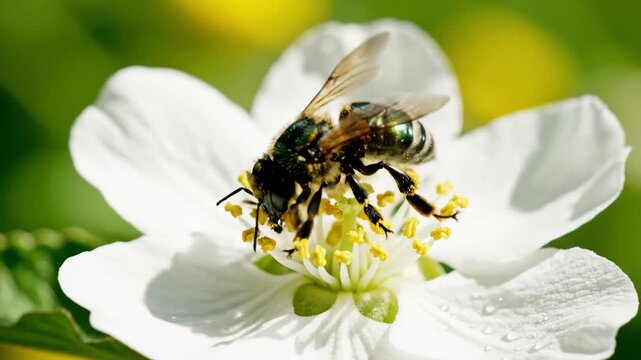 Sweat Bee Pollinating a White Flower, Close Up