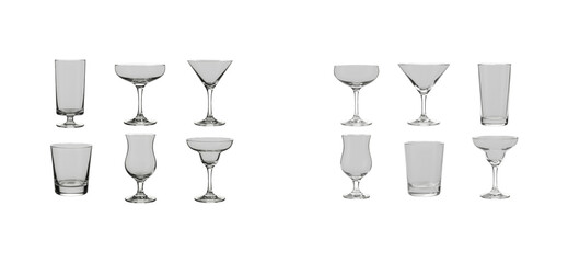 Large collection of various empty cocktail glasses including martini, margarita, coupe, and highball shapes arranged in a neat grid showing a variety of classic bar glassware