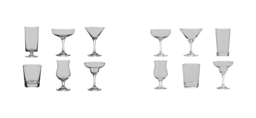 Large collection of various empty cocktail glasses including martini, margarita, coupe, and highball shapes arranged in a neat grid showing a variety of classic bar glassware