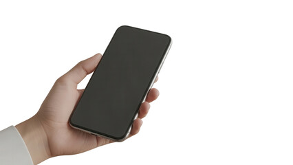 Smartphone mockup with empty display held by hand in minimal craft room Isolated on Transparent Background