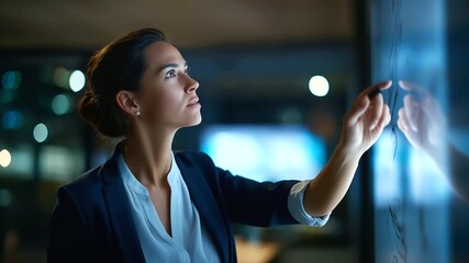 Female leader directing strategy meeting with screen participants faceless professional soft conference room assertive presence display modern setup navigation authority