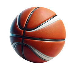 High-quality 3D rendered basketball featuring a realistic orange leather texture with clearly defined black channel lines. Isolated on a white background, this detailed illustration is ideal for sport