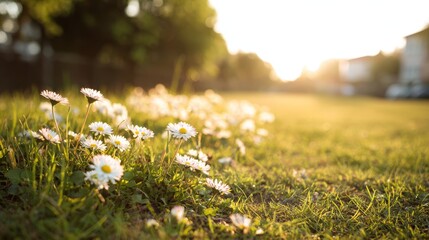 Daisies blooming in a sun-drenched grassy field at golden hour with soft focus and warm light.