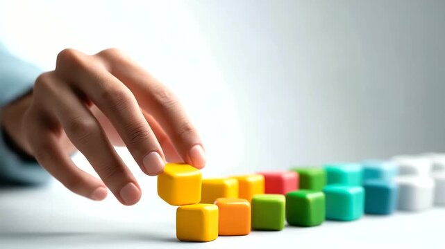 Hand rotating cubes showing location work terminology clean white backdrop onsite remote comparison workplace choice symbolism career flexibility concept with copy space