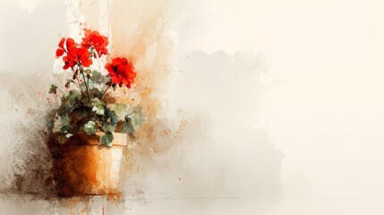 Watercolor painting of bright red geranium flowers in a terracotta pot with green leaves, set against a soft, textured background providing generous copy space.