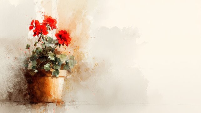 Watercolor painting of bright red geranium flowers in a terracotta pot with green leaves, set against a soft, textured background providing generous copy space.
