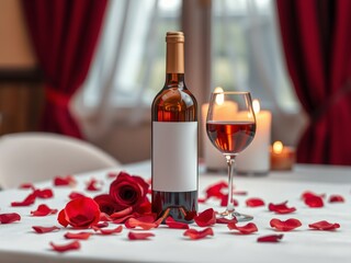 Romantic setting with red wine bottle and glass, scattered rose petals, and warm candle glow for anniversaries and dates