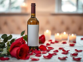 Romantic evening setting with a full bottle of wine, fresh red rose, and scattered petals illuminated by soft candlelight.