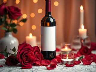 Romantic evening setup with a blank-labeled wine bottle, vibrant red roses, scattered petals, and flickering candlelight creating an intimate ambiance.