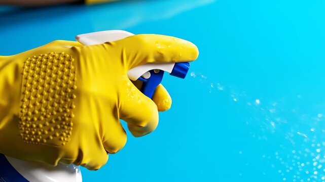 Spraying Cleaning Solution With Yellow Rubber Glove on Blue Surface