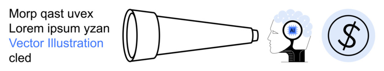 Future planning, financial analysis, business strategy, vision, creativity, education. Telescope, human head with brain activity dollar symbol. Vision and financial analysis concepts