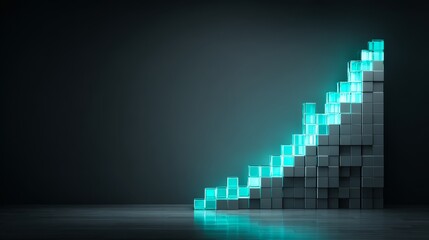 Bright turquoise glowing cubes forming an ascending staircase or bar graph on a dark background, symbolizing progress and success.