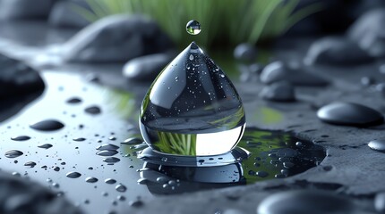 A large glistening water droplet with a smaller one above it on a wet dark gray surface with green plant reflections