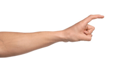 Man pointing at something on white background, closeup