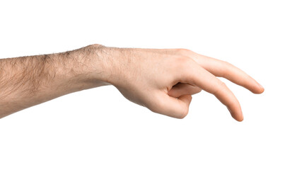 Man gesturing on white background, closeup view