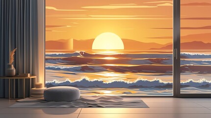 A serene indoor setting with a grey pouf and curtains looking out a large window at a vibrant orange and yellow ocean sunset over mountains